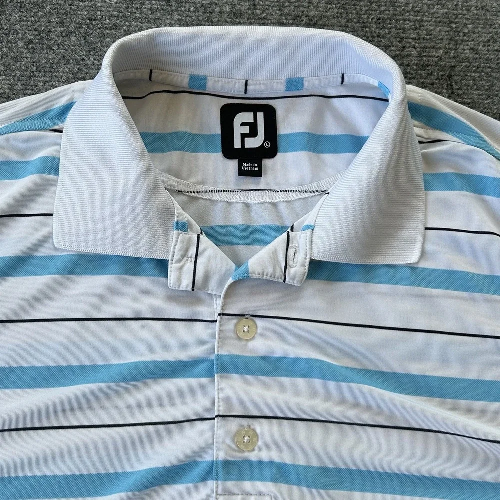 Footjoy Shirt Men Large Blue White Stripe Golf Polo Performance Hybrid Relax Fit